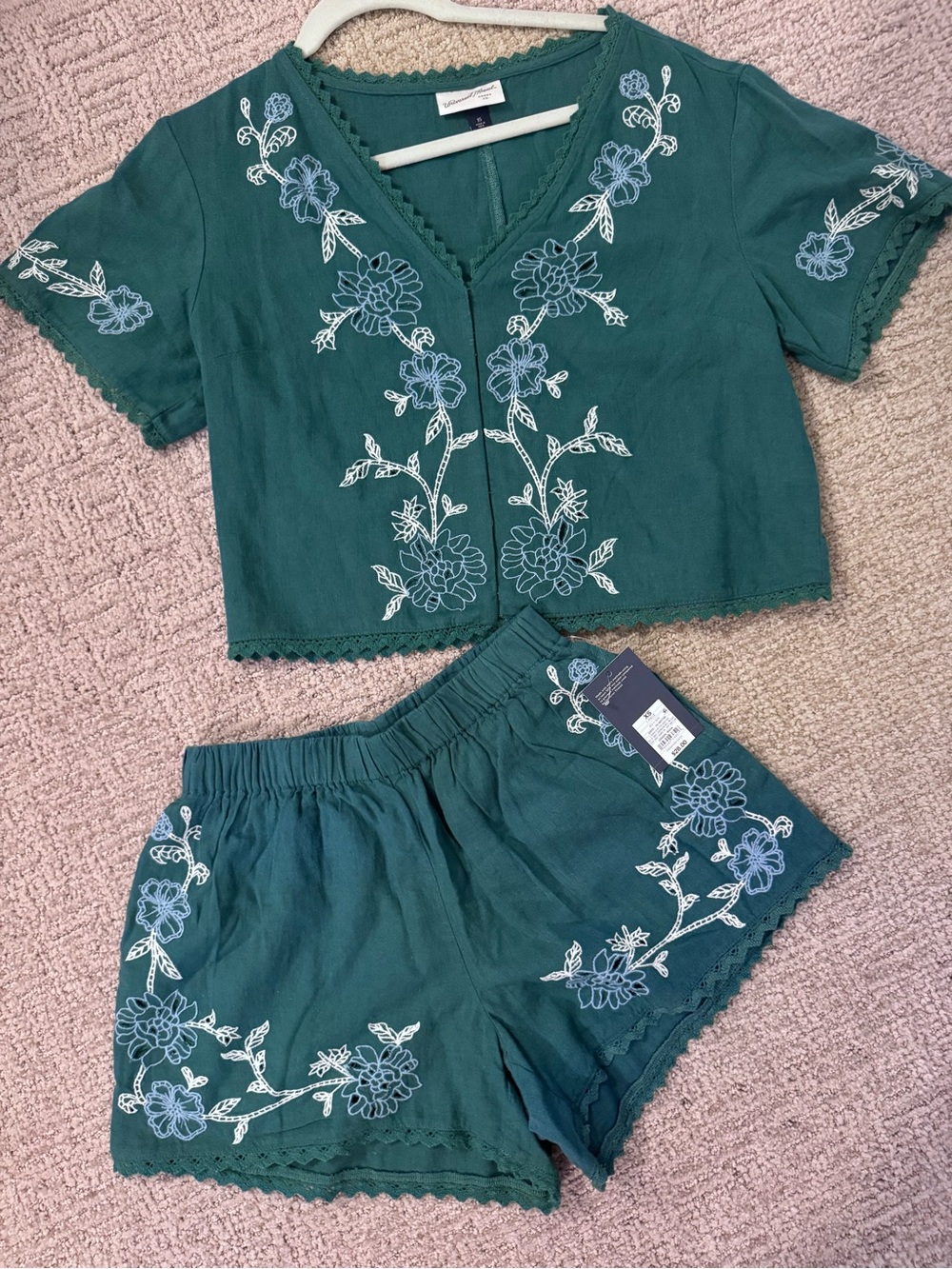 Universal Thread Green Floral Embroidered Linen Blend Matching Set XS